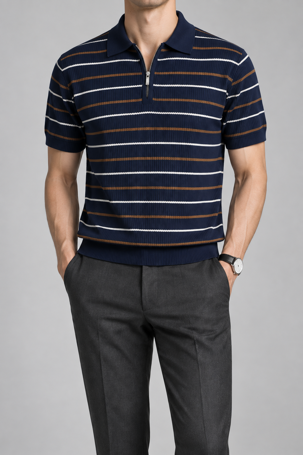 Men's Cooling Ribbed Stripe Half Zip Knit Polo