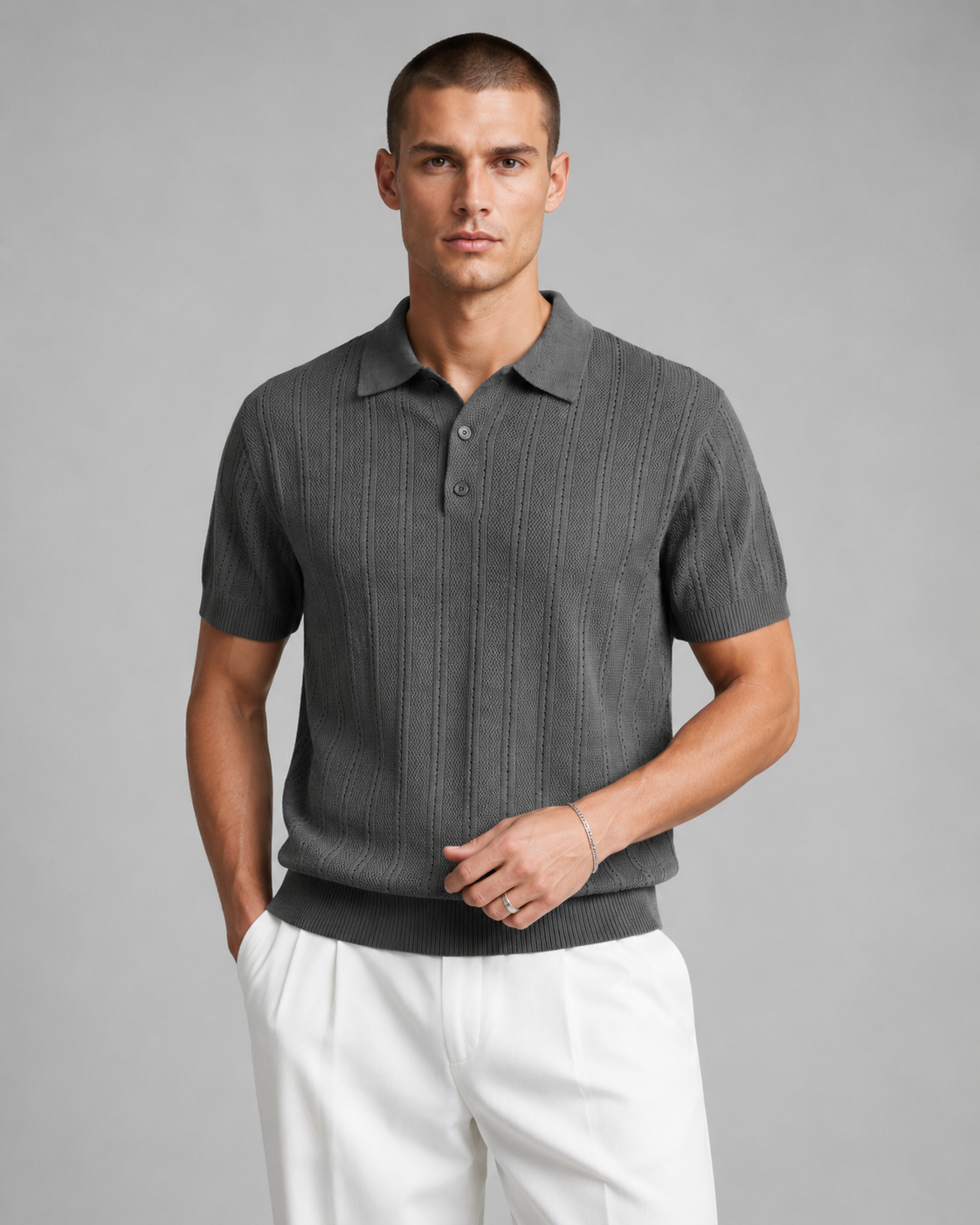 Men’s Textured Knit Polo Shirt Short Sleeve