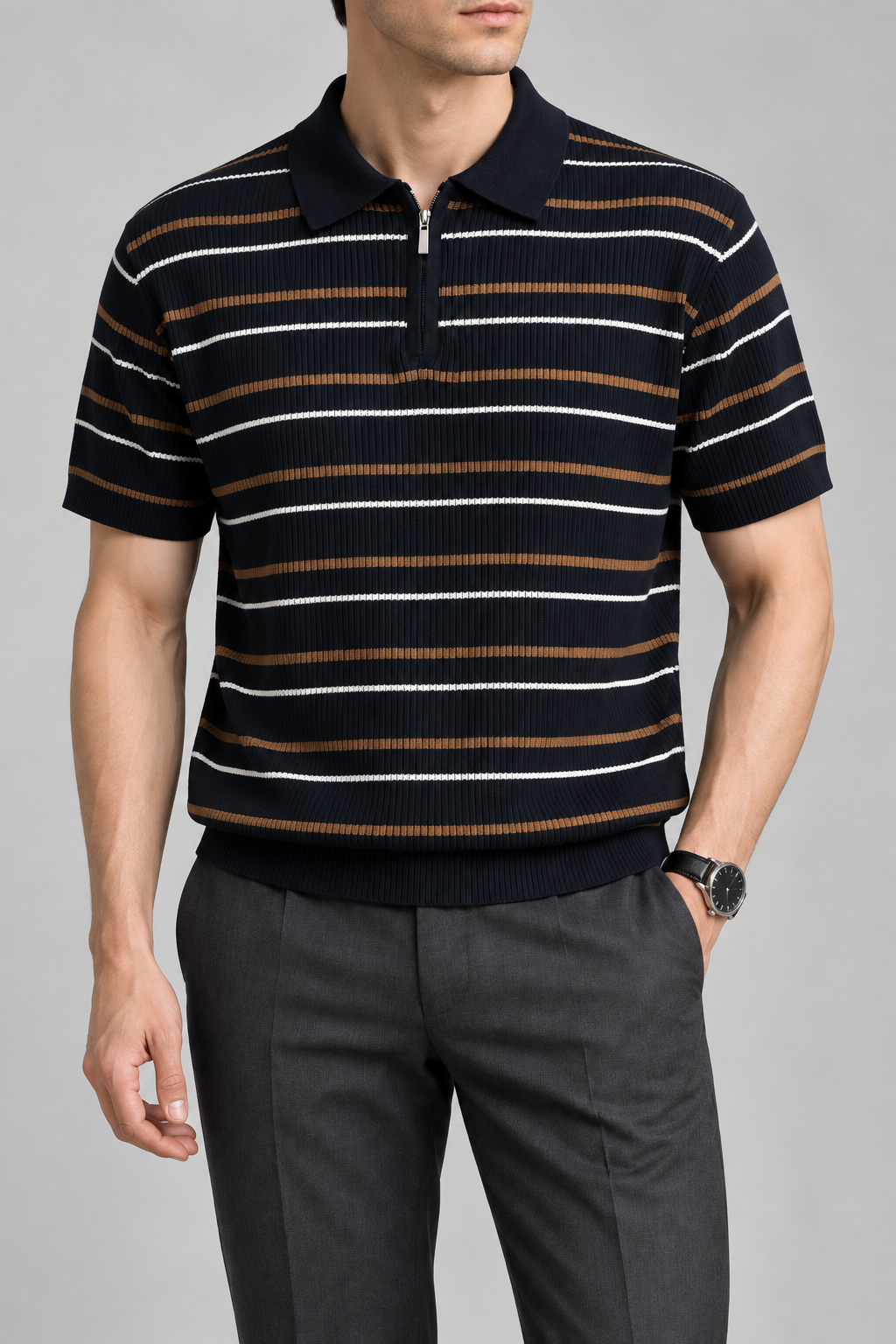 Men's Cooling Ribbed Stripe Half Zip Knit Polo