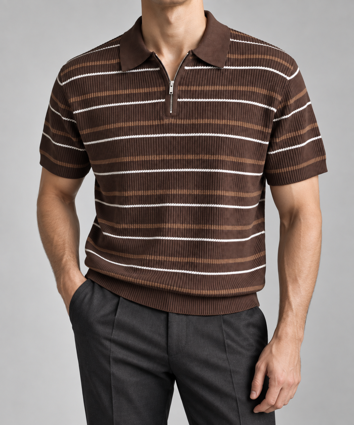 Men's Cooling Ribbed Stripe Half Zip Knit Polo