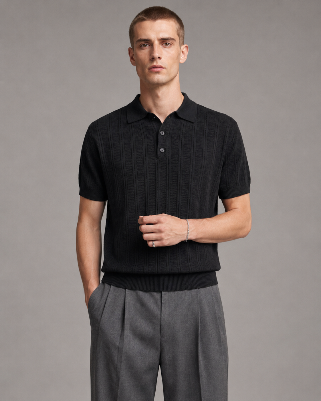 Men’s Textured Knit Polo Shirt Short Sleeve