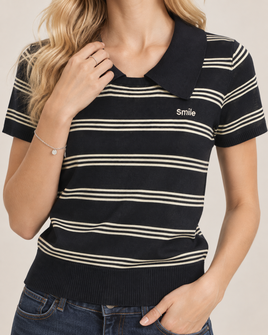 Women's Lyocell Linen Blend Striped Knit Polo