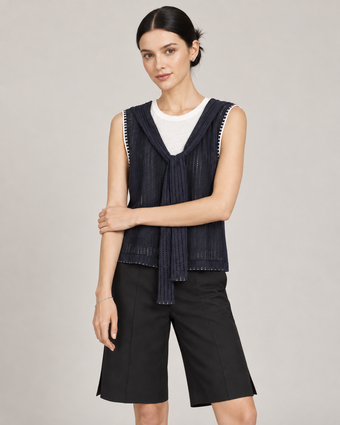 Women's French Colorblock Layered Look Openwork Knit Top