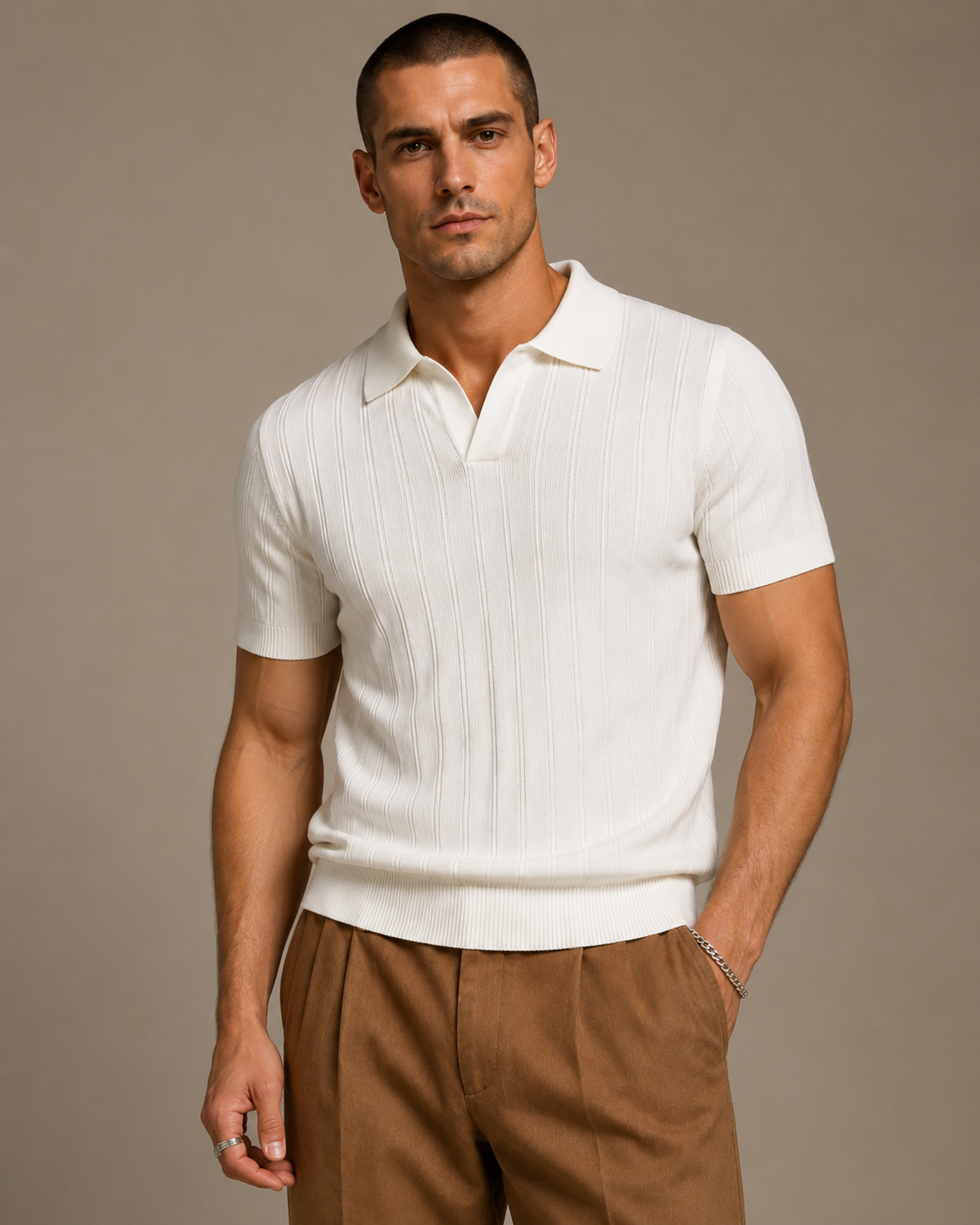 Men’s Ribbed Knit Polo Shirt V-Neck Short Sleeve Top