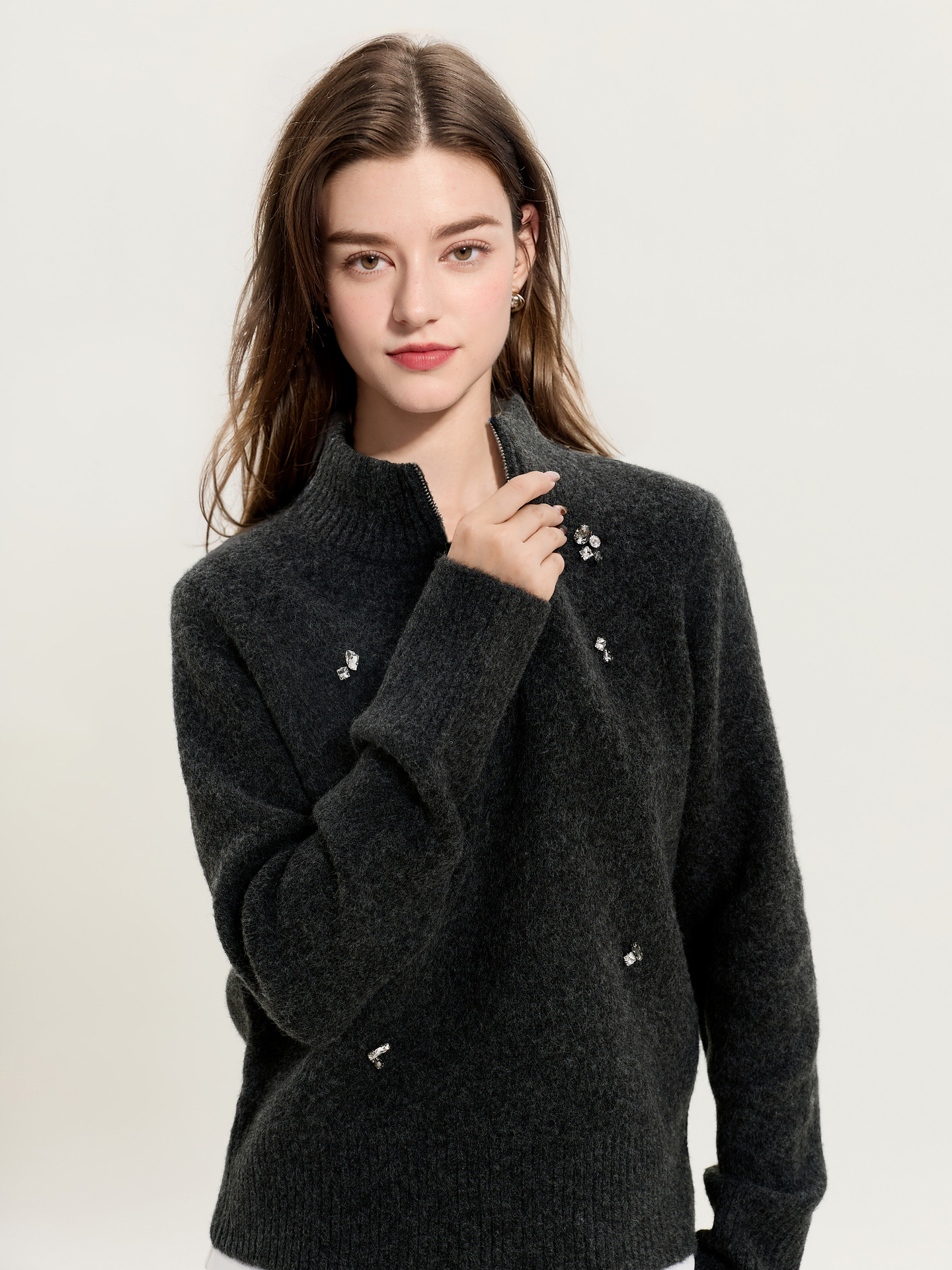 Women's Vintage Zip Stand Collar Knit Sweater