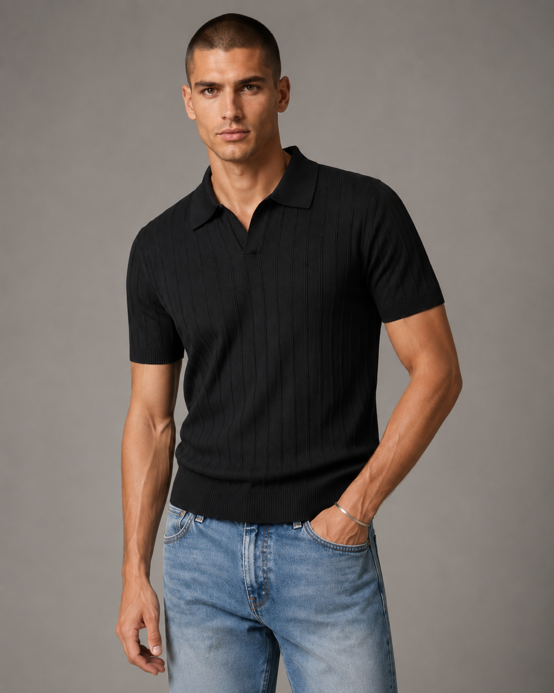 Men’s Ribbed Knit Polo Shirt V-Neck Short Sleeve Top