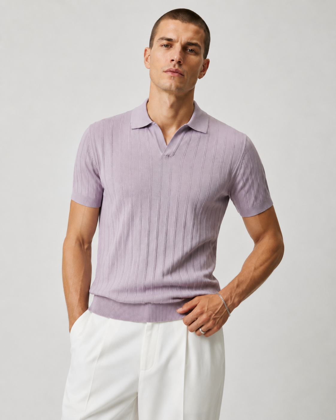 Men’s Ribbed Knit Polo Shirt V-Neck Short Sleeve Top