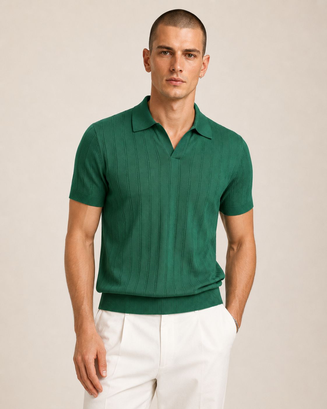 Men’s Ribbed Knit Polo Shirt V-Neck Short Sleeve Top