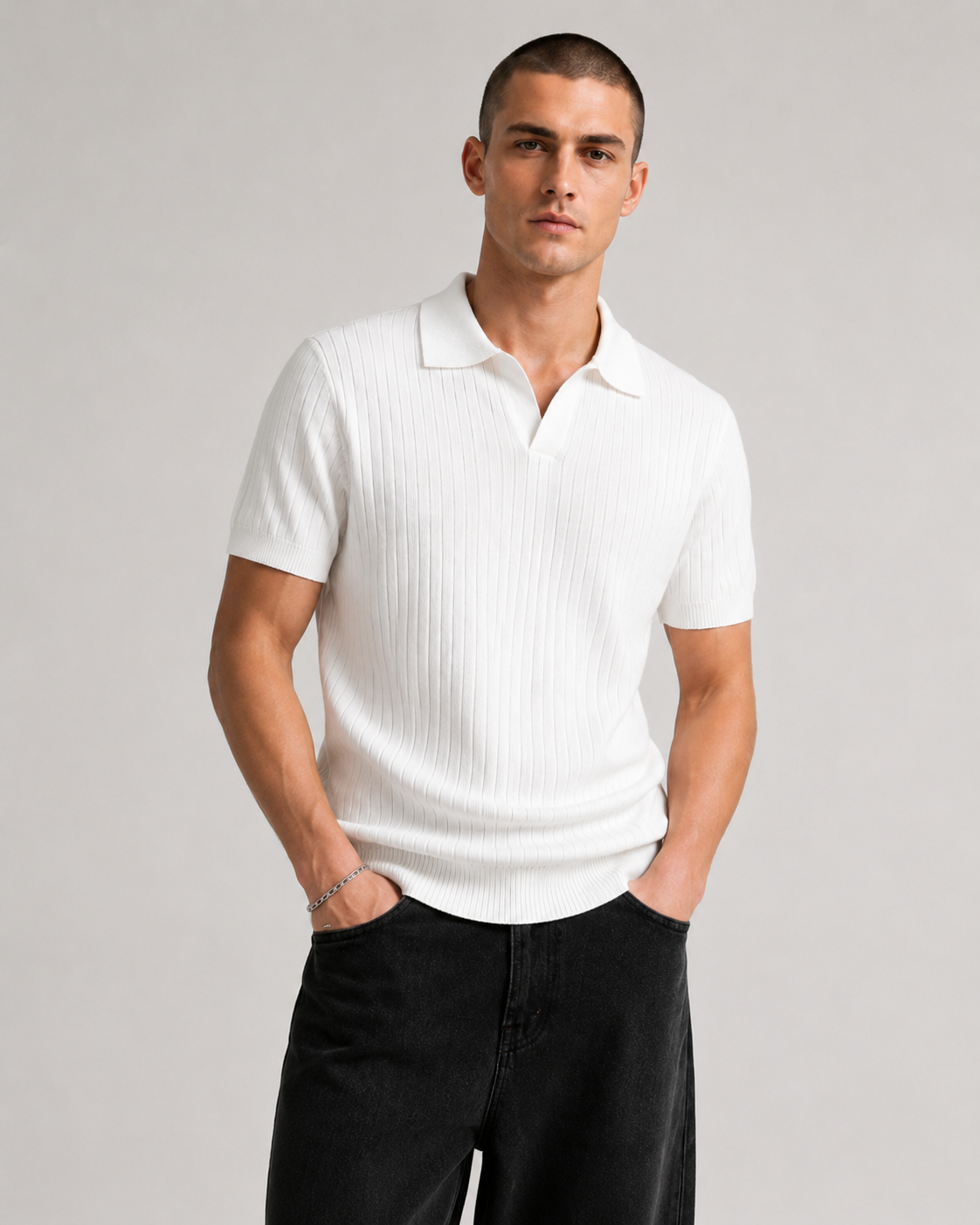 Men's Ribbed Knit Polo Shirt Short Sleeve V-Neck Top