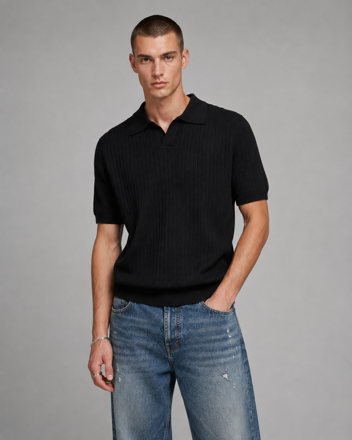 Men's Ribbed Knit Polo Shirt Short Sleeve V-Neck Top