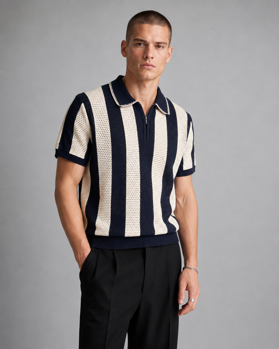 Men’s Cooling Knit Polo Shirt Striped Zip Short Sleeve Top