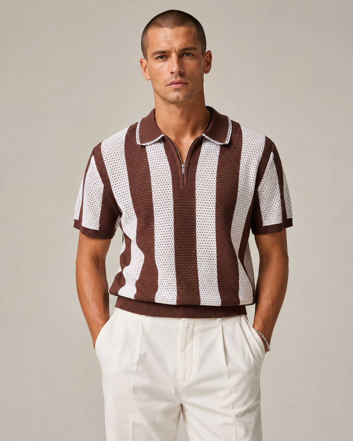 Men’s Cooling Knit Polo Shirt Striped Zip Short Sleeve Top