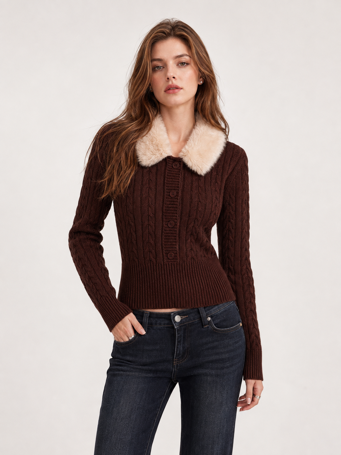 Women’s Vintage Cable Knit Sweater Fur Collar Slim Fit Cropped Top