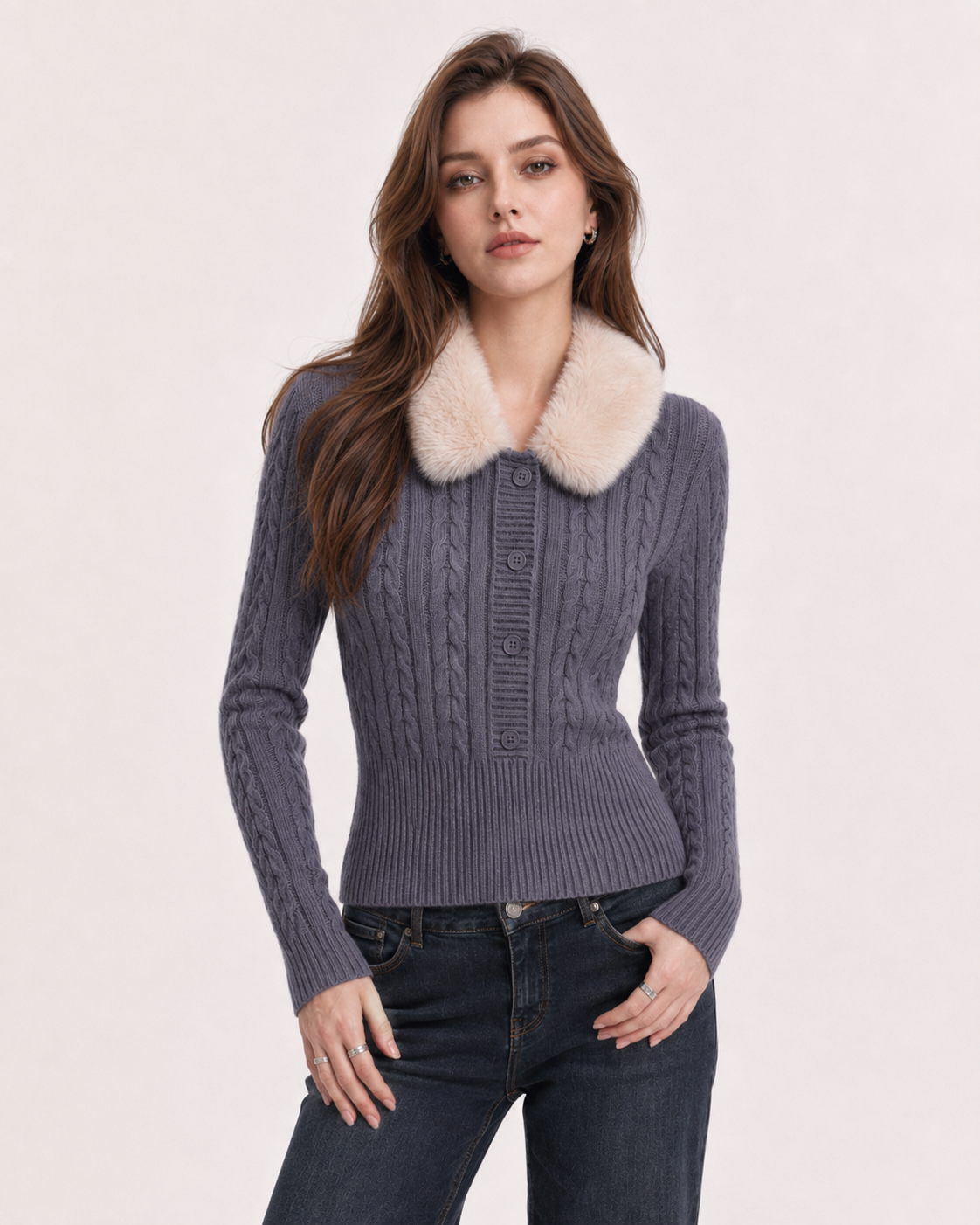 Women’s Vintage Cable Knit Sweater Fur Collar Slim Fit Cropped Top
