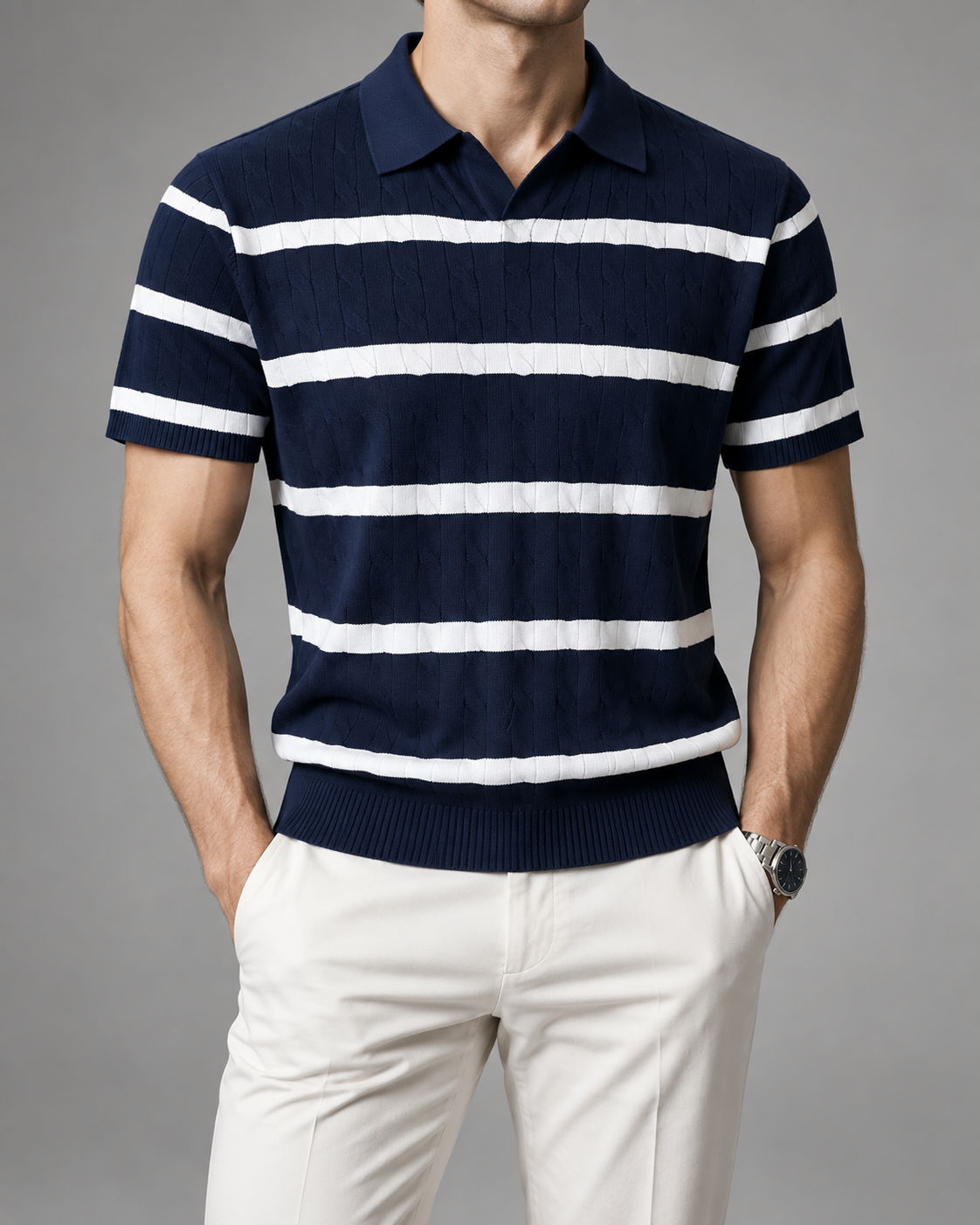 Men’s Old-Money Style Cable-Knit Polo Shirt