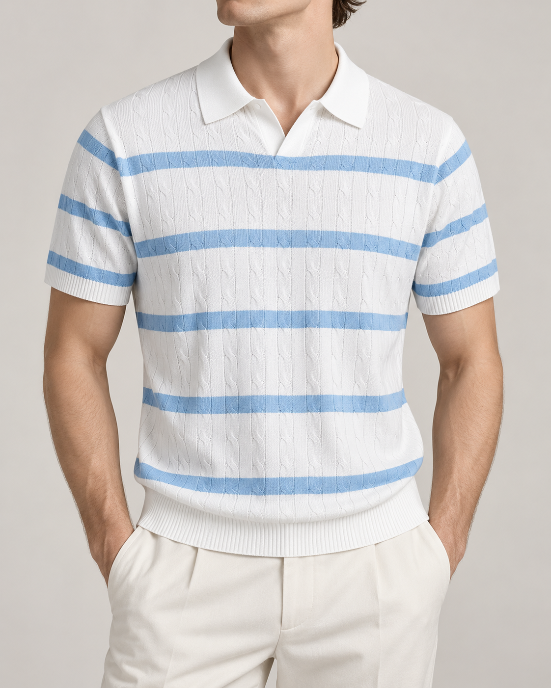 Men’s Old-Money Style Cable-Knit Polo Shirt