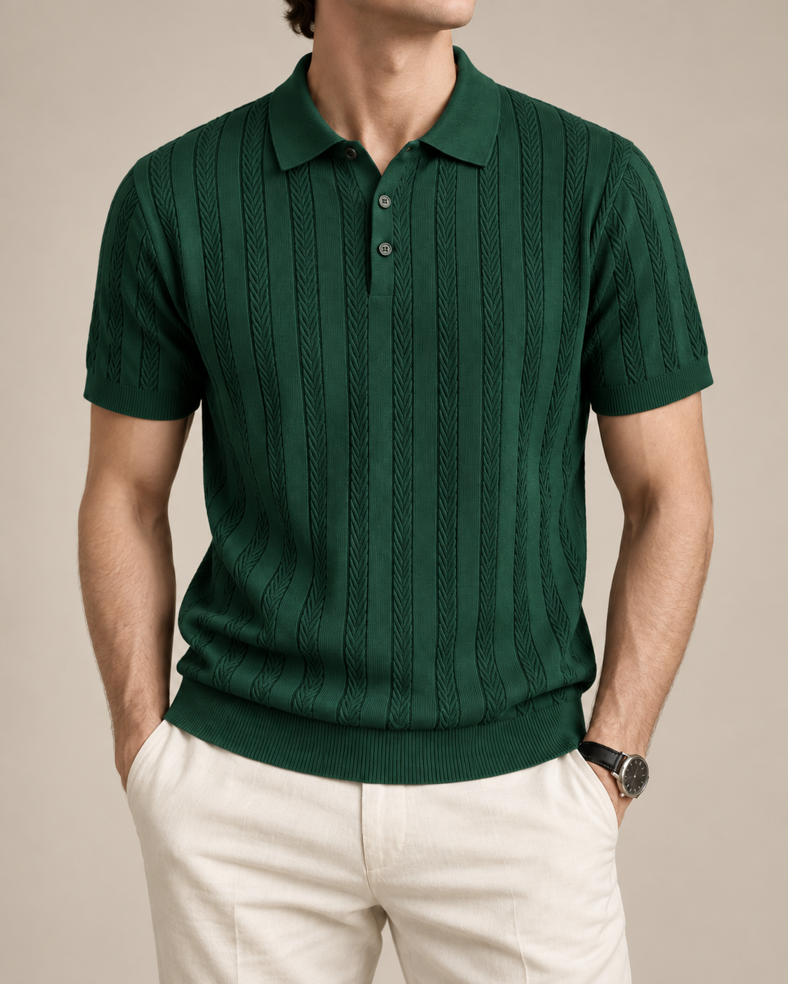 Men’s Old-Money Style Cool-Touch Wheat Cable-Knit Polo