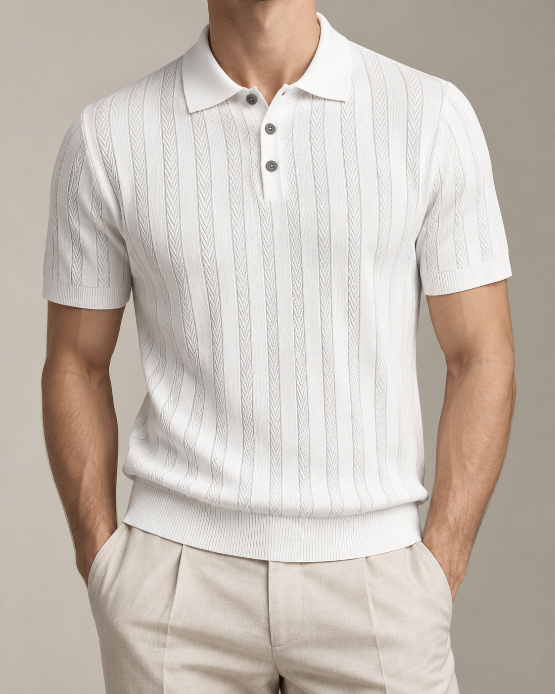 Men’s Old-Money Style Cool-Touch Wheat Cable-Knit Polo
