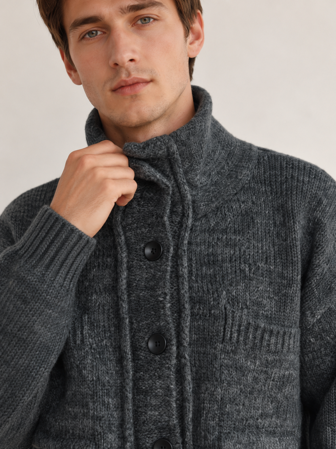 Unisex Wool Blend High Neck Knit Cardigan Sweater Button Front