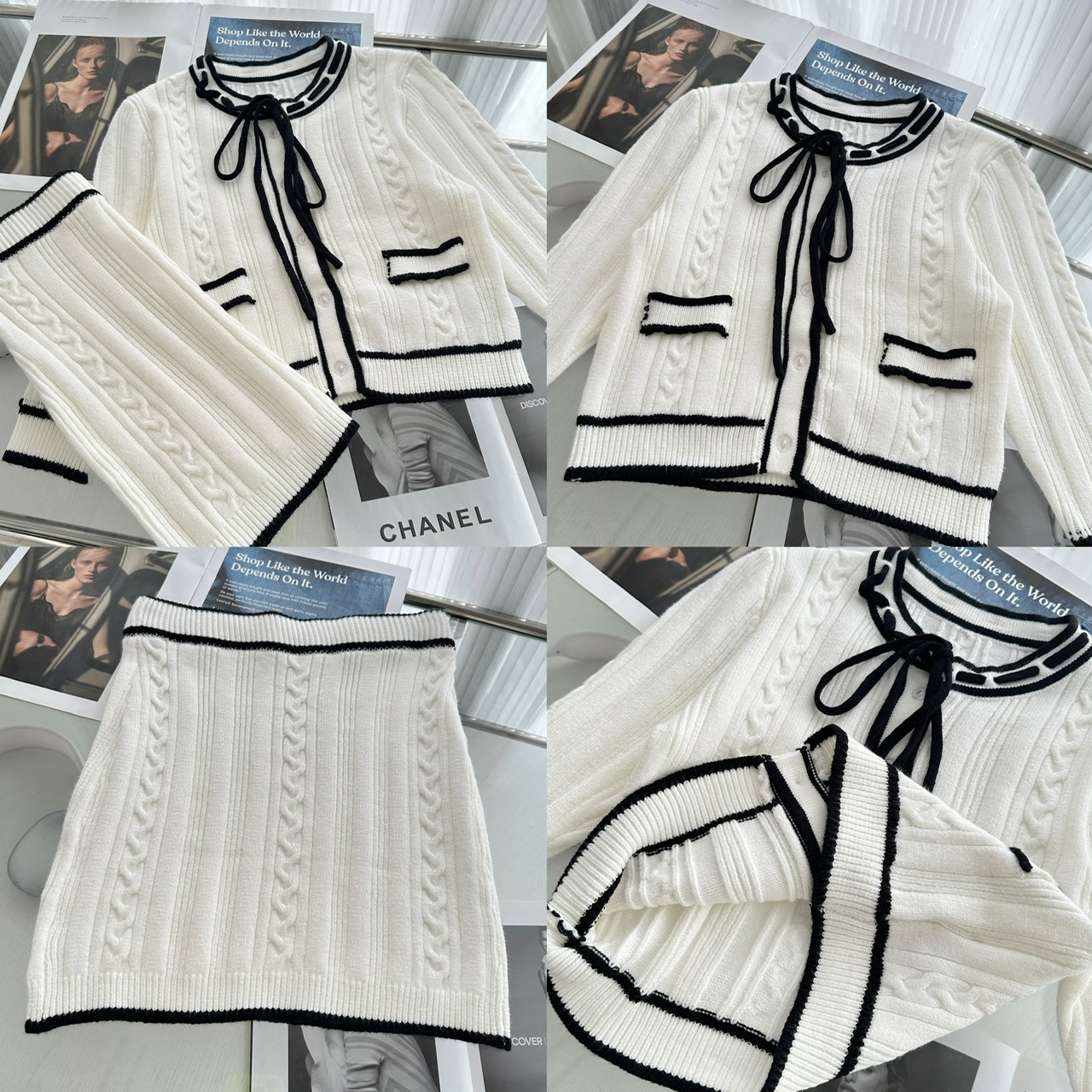 Women’s Contrast Trim Knit Cardigan and Slim Mini Skirt Set
