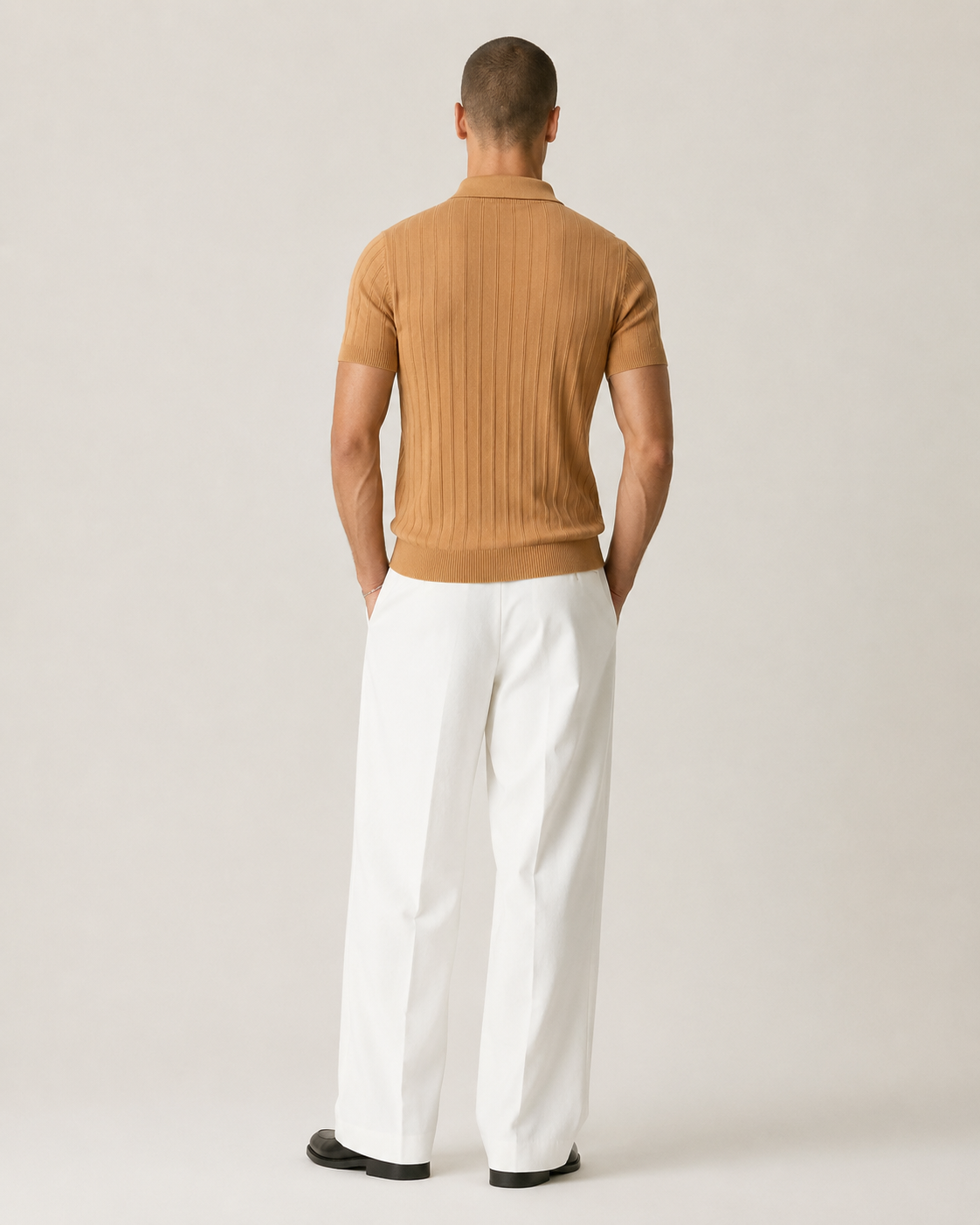 Men’s Ribbed Knit Polo Shirt V-Neck Short Sleeve Top
