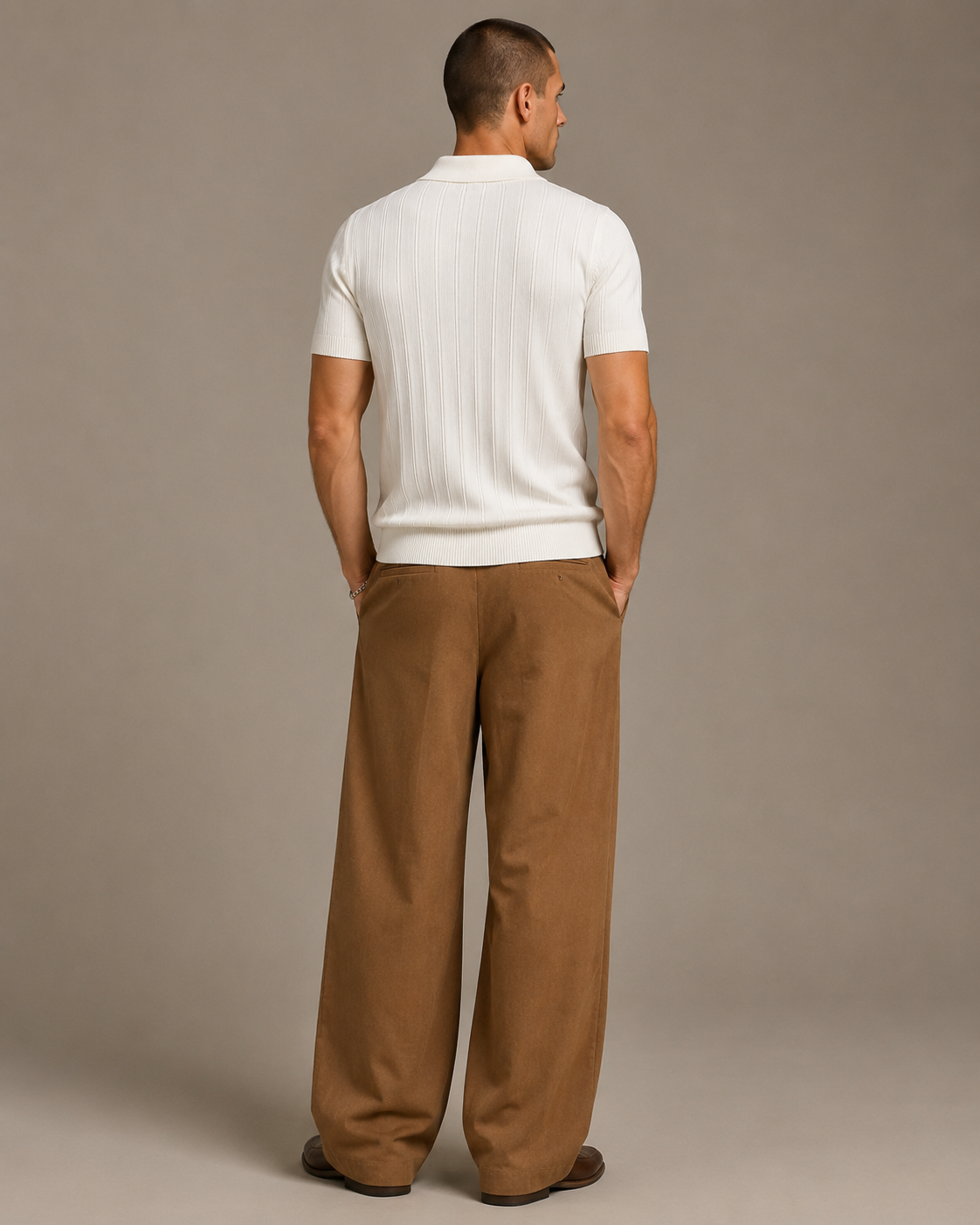 Men’s Ribbed Knit Polo Shirt V-Neck Short Sleeve Top