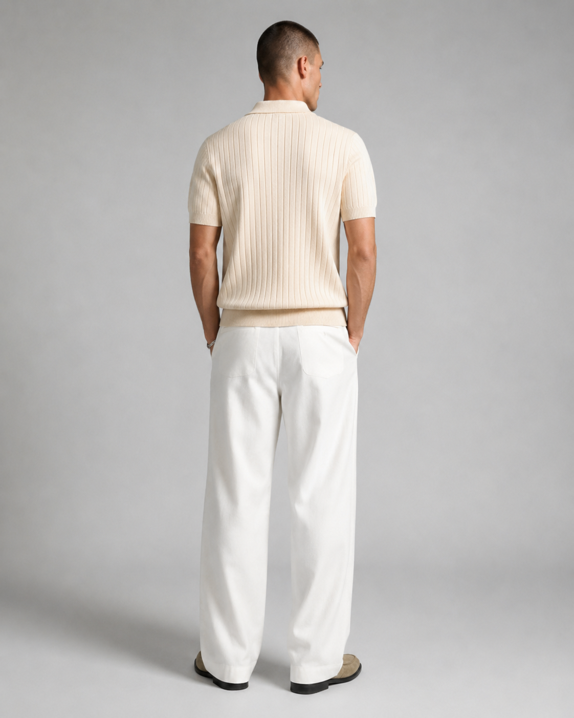 Men's Ribbed Knit Polo Shirt Short Sleeve V-Neck Top