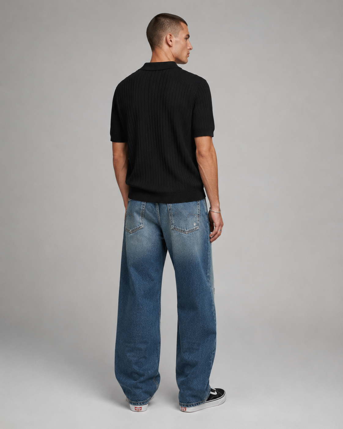 Men's Ribbed Knit Polo Shirt Short Sleeve V-Neck Top