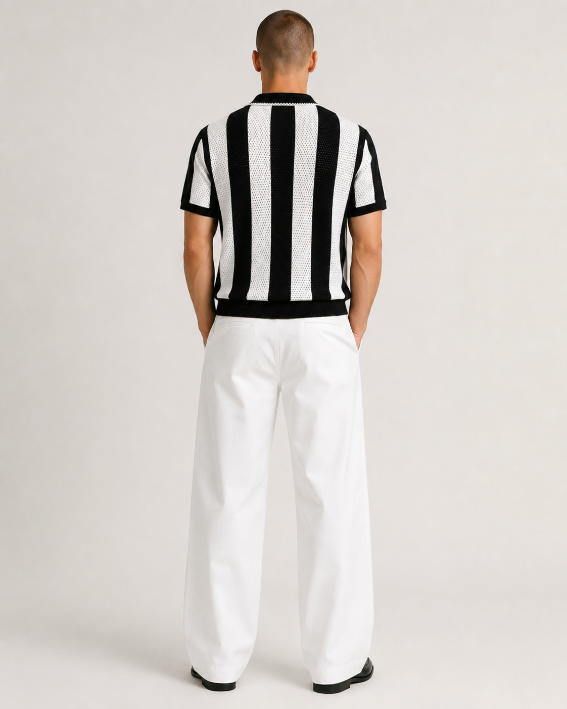 Men’s Cooling Knit Polo Shirt Striped Zip Short Sleeve Top