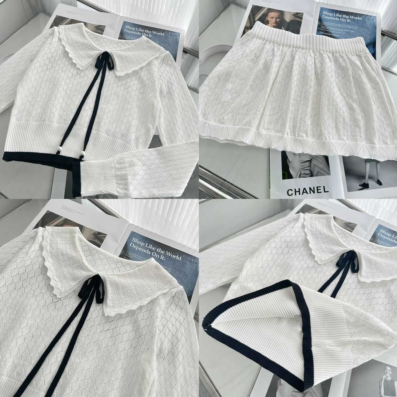 Women’s Black and White Openwork Knit Two-Piece Set