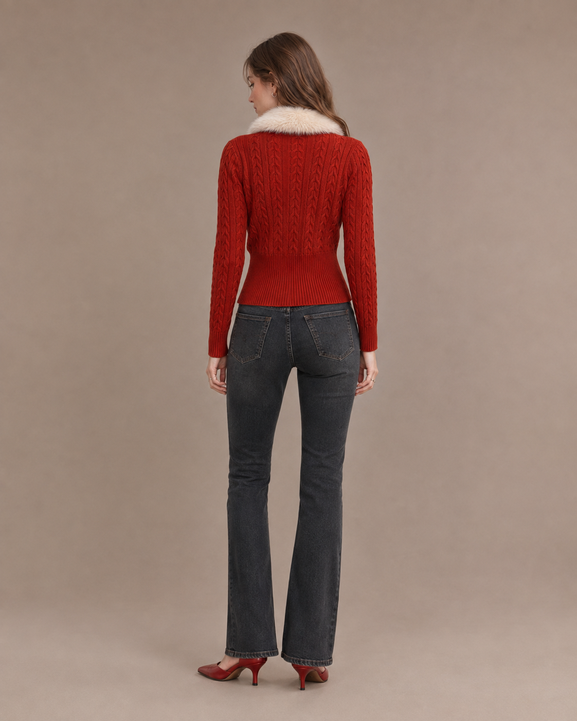 Women’s Vintage Cable Knit Sweater Fur Collar Slim Fit Cropped Top