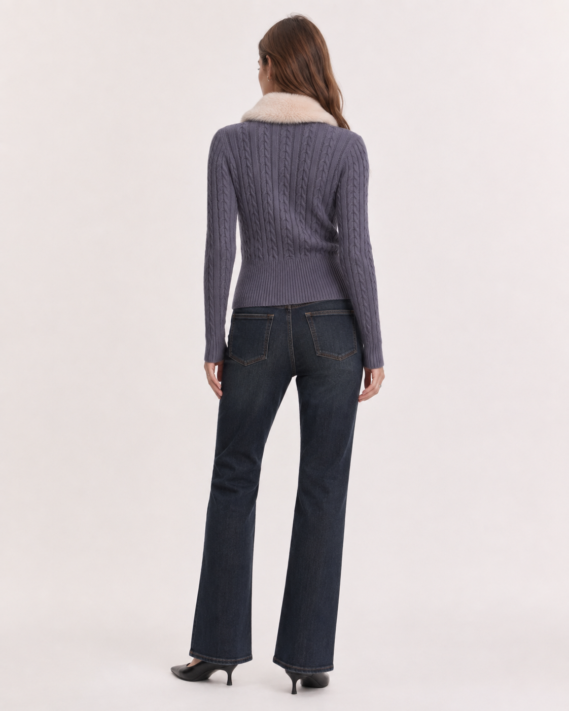 Women’s Vintage Cable Knit Sweater Fur Collar Slim Fit Cropped Top