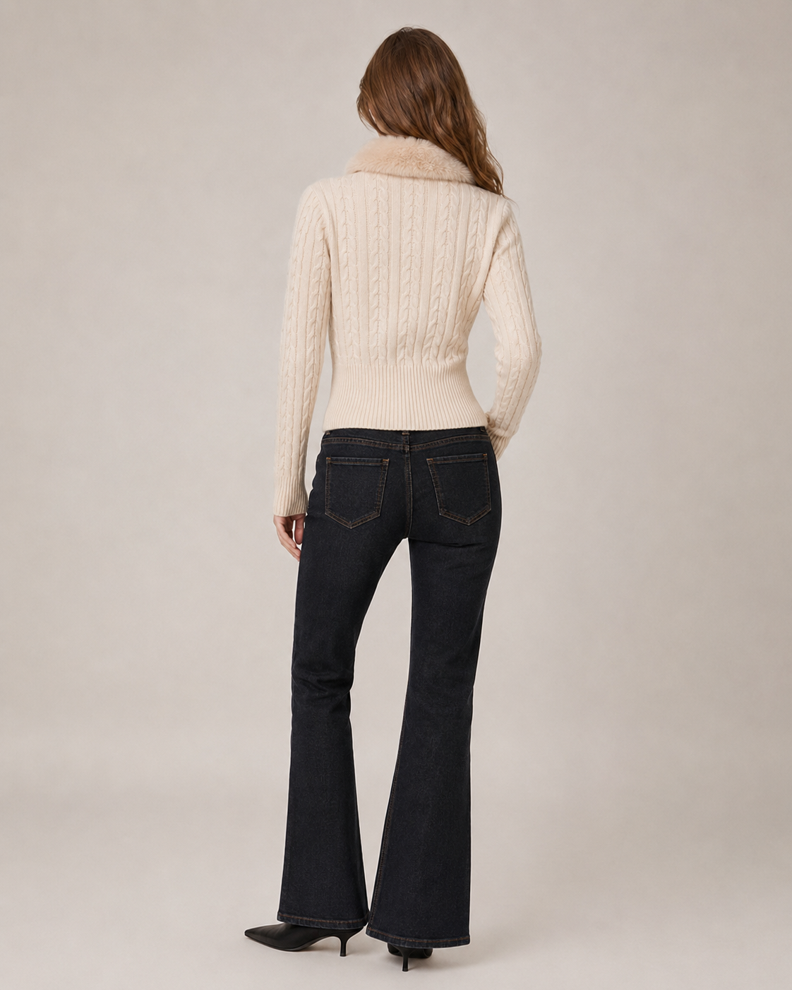 Women’s Vintage Cable Knit Sweater Fur Collar Slim Fit Cropped Top