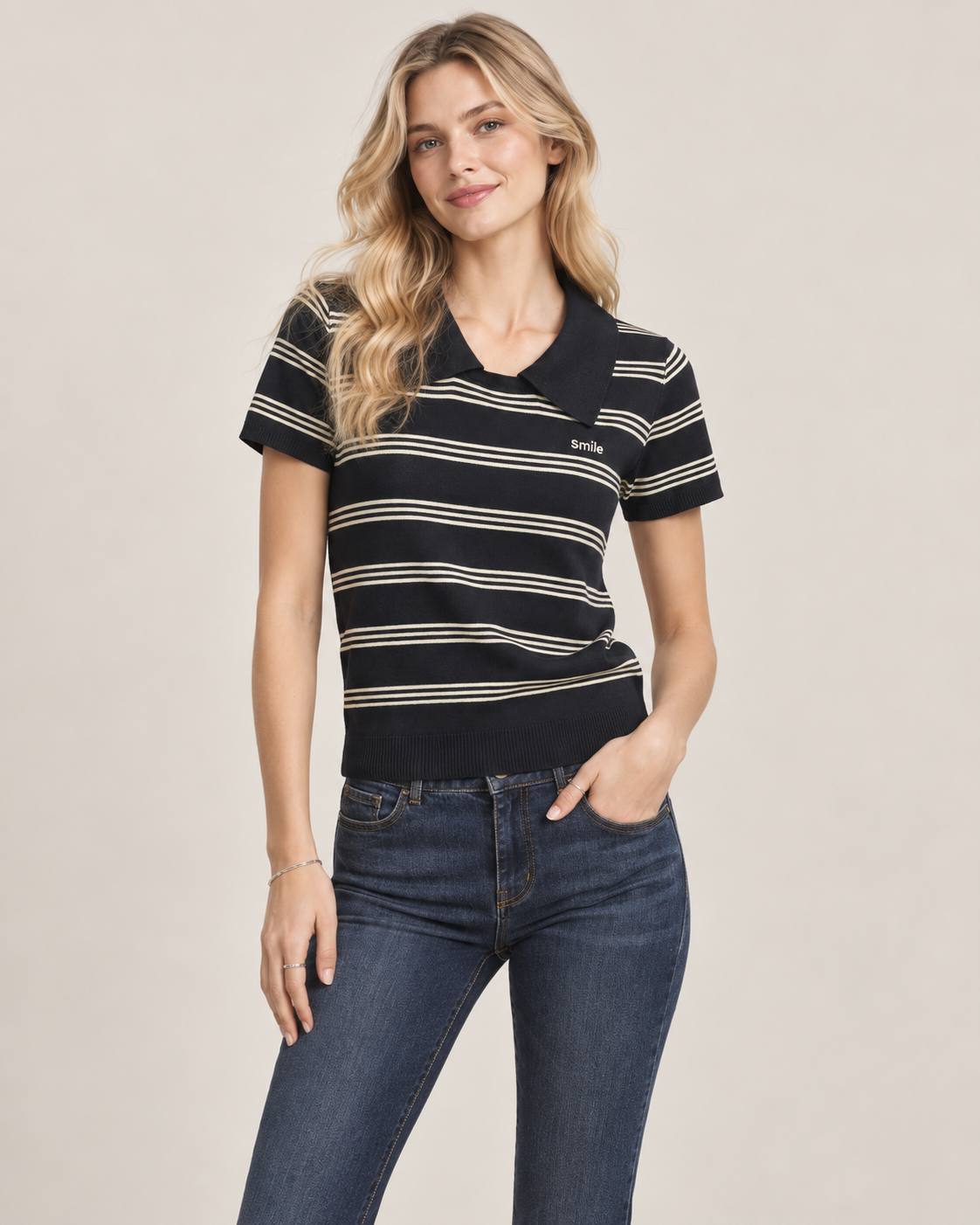 Women's Lyocell Linen Blend Striped Knit Polo