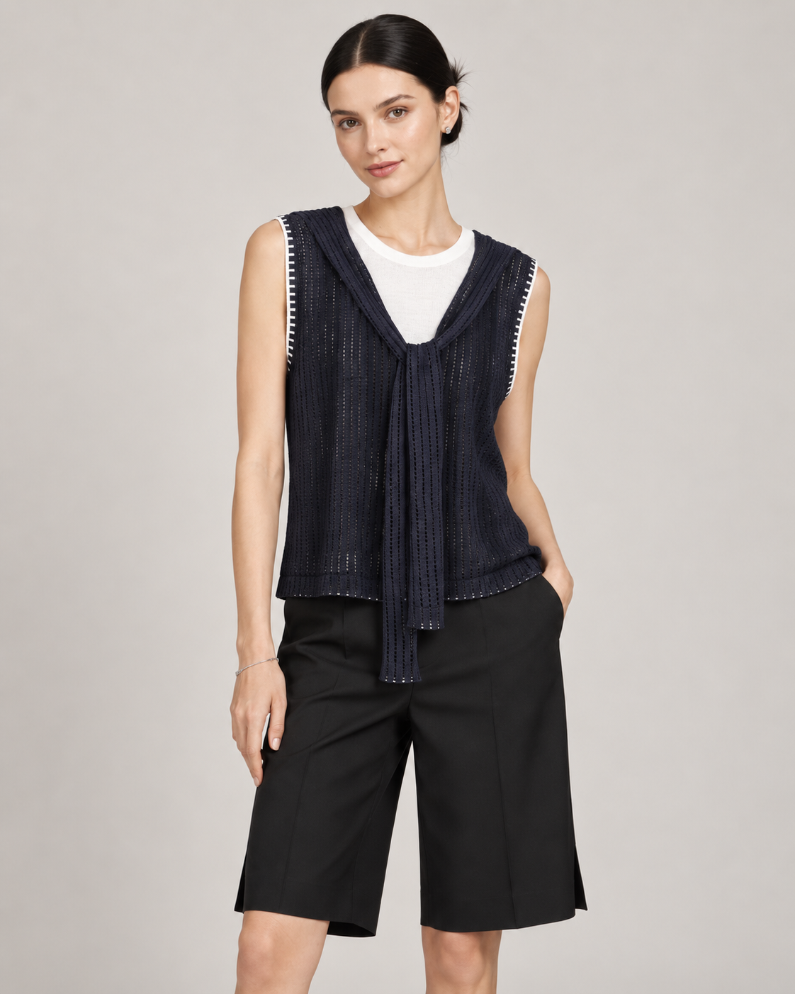 Women's French Colorblock Layered Look Openwork Knit Top