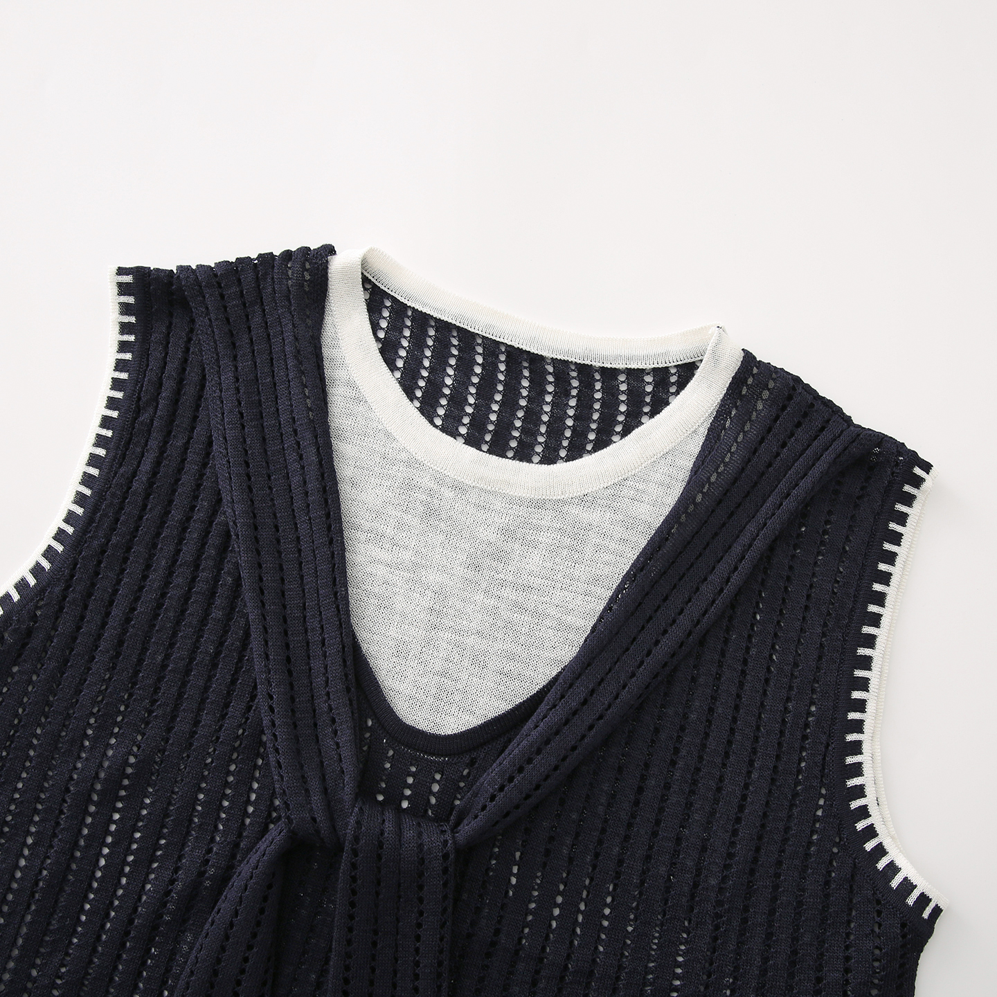 Women's French Colorblock Layered Look Openwork Knit Top