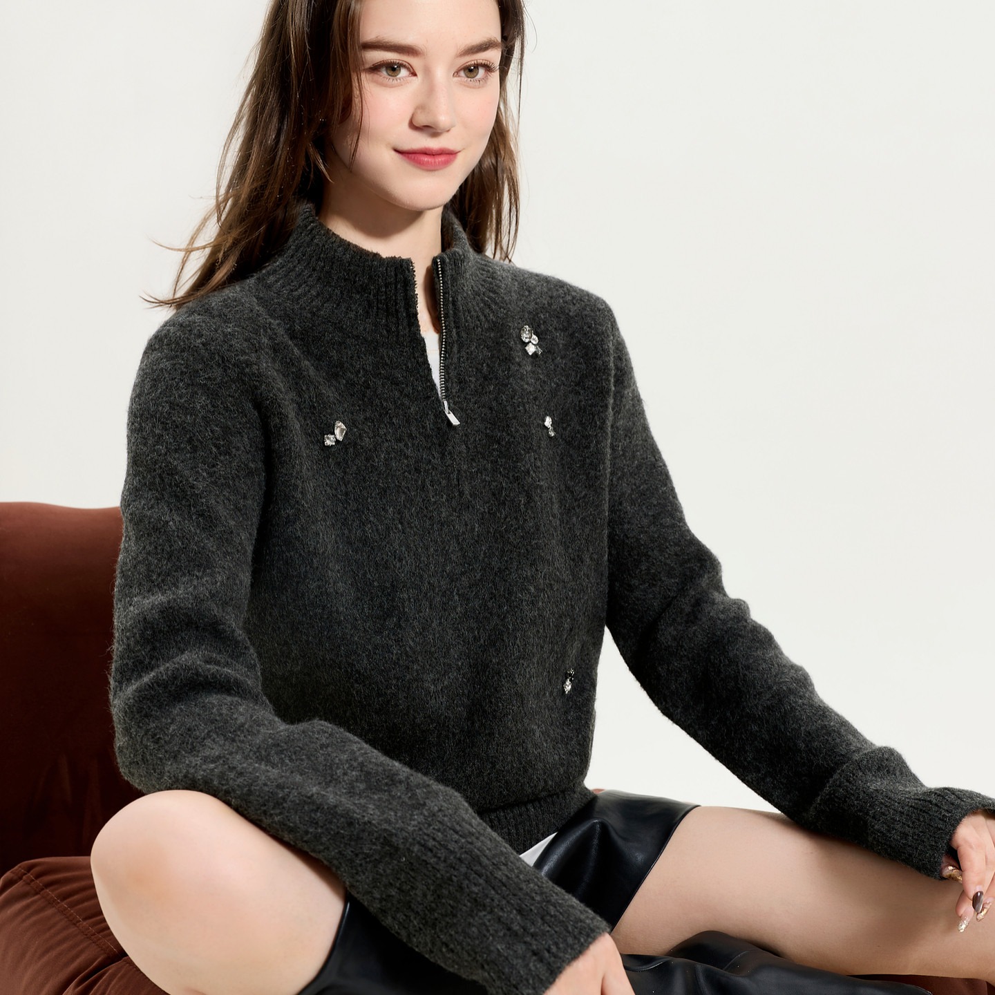 Women's Vintage Zip Stand Collar Knit Sweater
