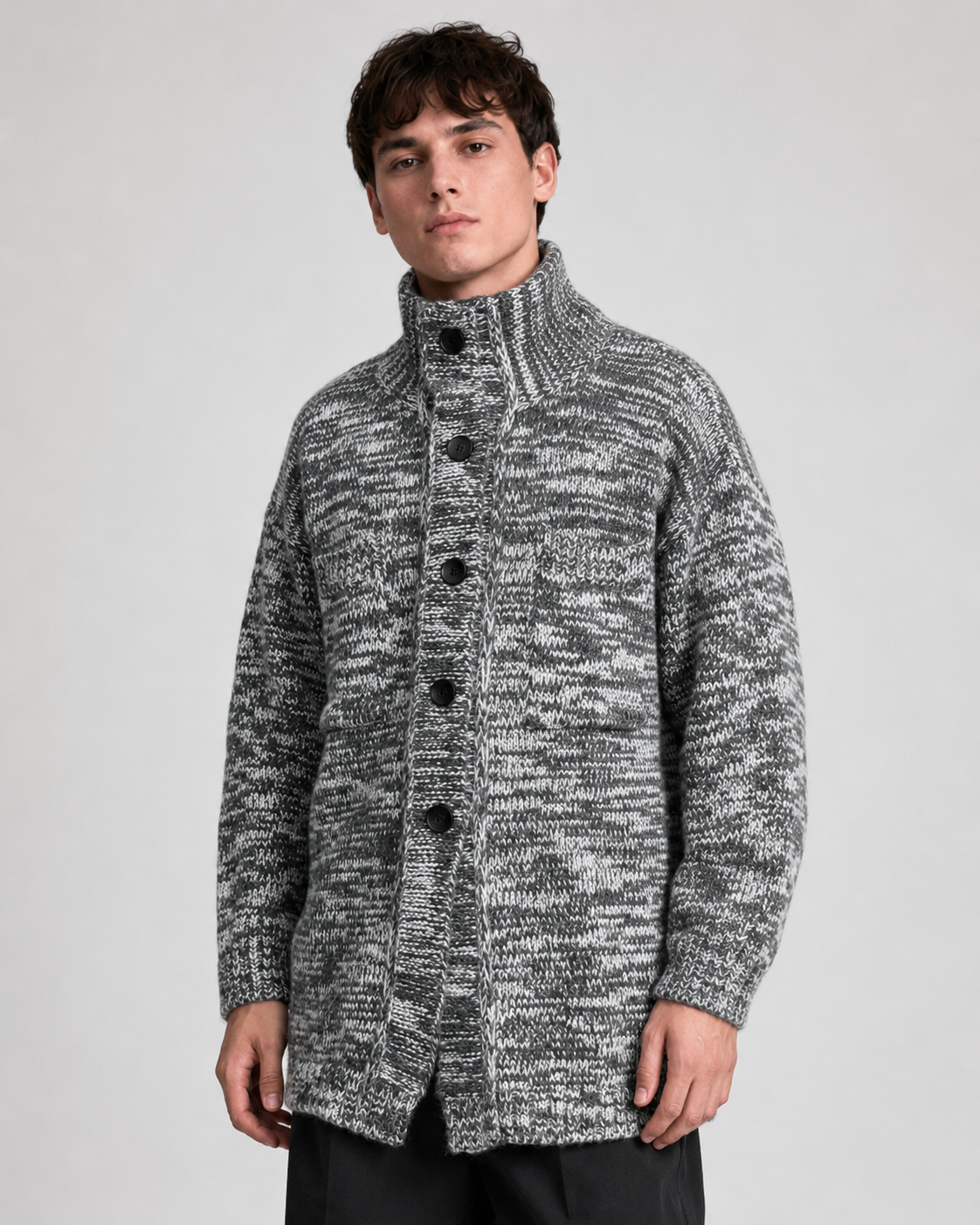 Unisex Wool Blend High Neck Knit Cardigan Sweater Button Front