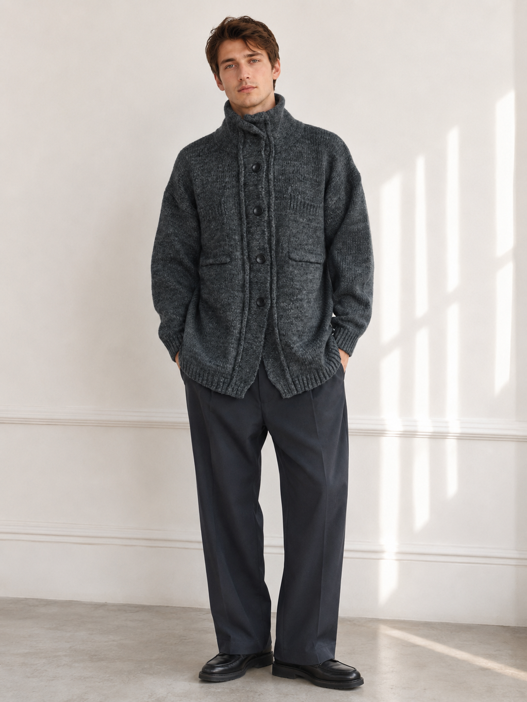 Unisex Wool Blend High Neck Knit Cardigan Sweater Button Front