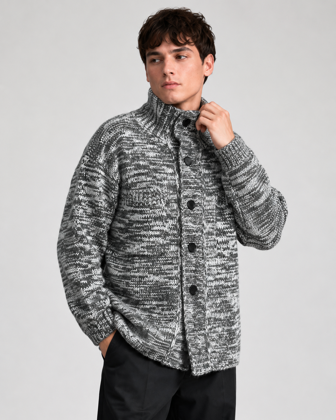 Unisex Wool Blend High Neck Knit Cardigan Sweater Button Front