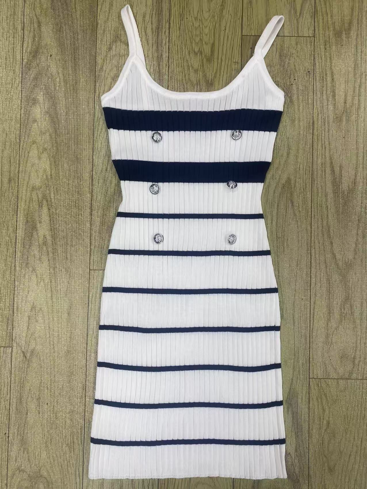 Women’s Blue-White Striped Ribbed Knit Cami Mini Dress