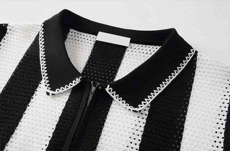 Men’s Cooling Knit Polo Shirt Striped Zip Short Sleeve Top