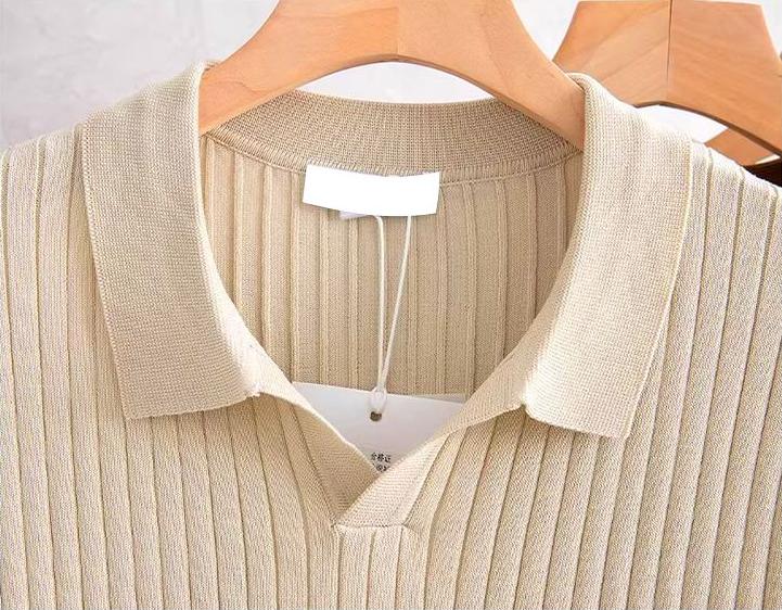 Men's Ribbed Knit Polo Shirt Short Sleeve V-Neck Top
