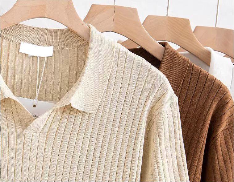 Men's Ribbed Knit Polo Shirt Short Sleeve V-Neck Top