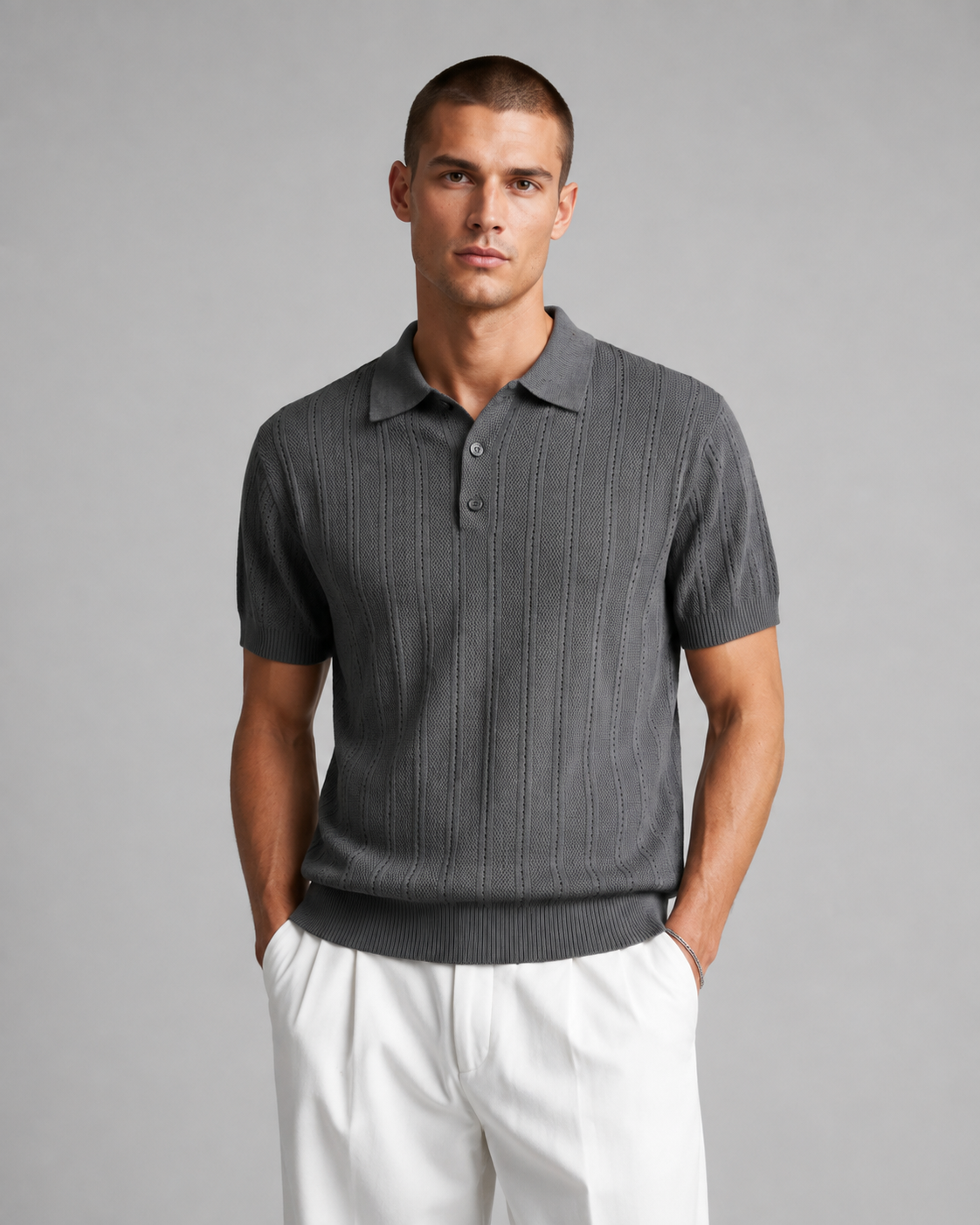 Men’s Textured Knit Polo Shirt Short Sleeve