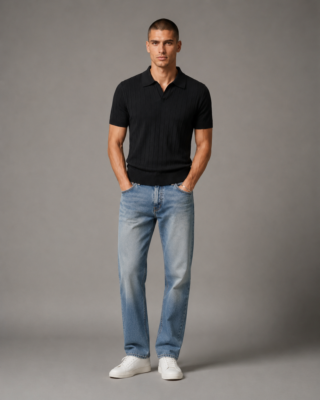Men’s Ribbed Knit Polo Shirt V-Neck Short Sleeve Top