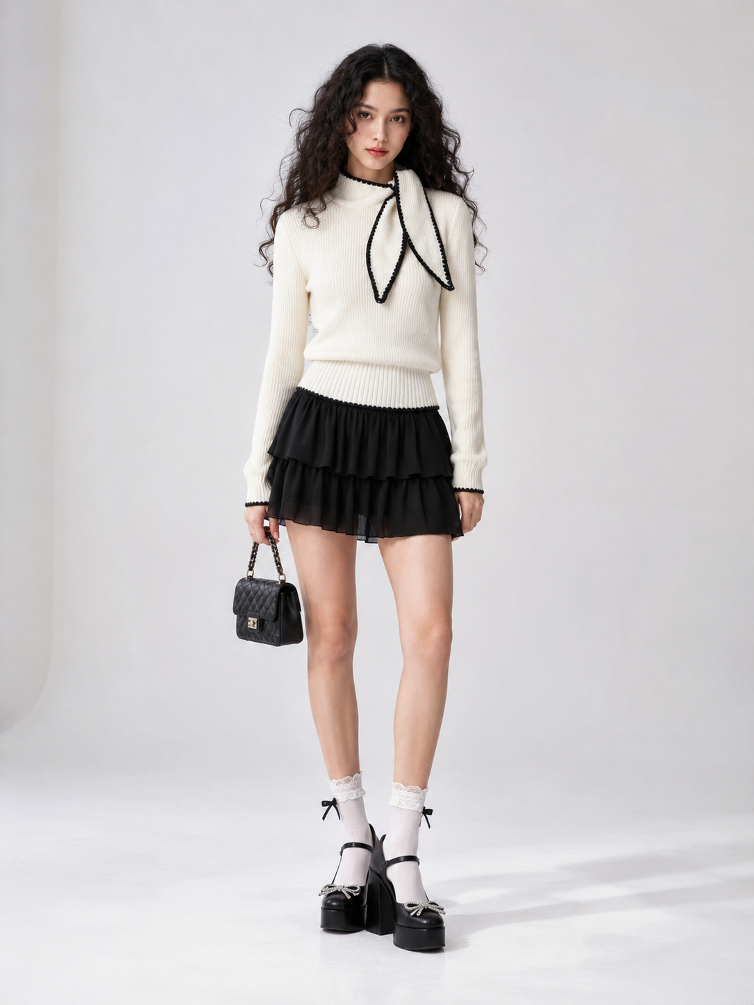 Women’s French Style High Neck Bow Knit Top