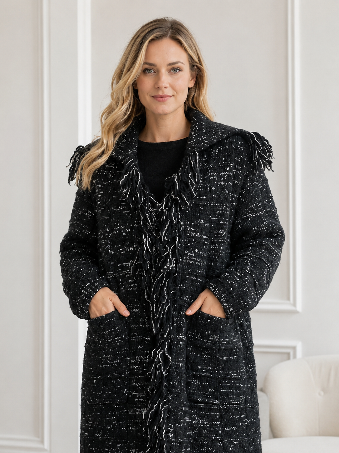 Women's Wool Blend Long Cardigan Sweater with Fringe Detail Belt