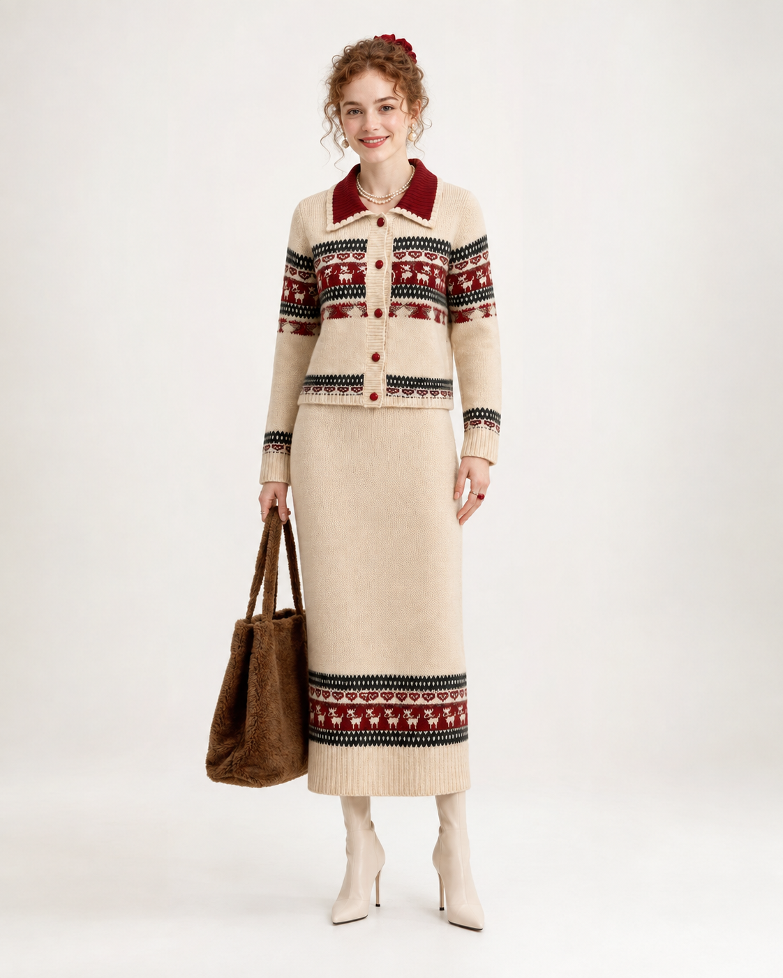 Women’s Fair Isle Knit Cardigan & Skirt Set