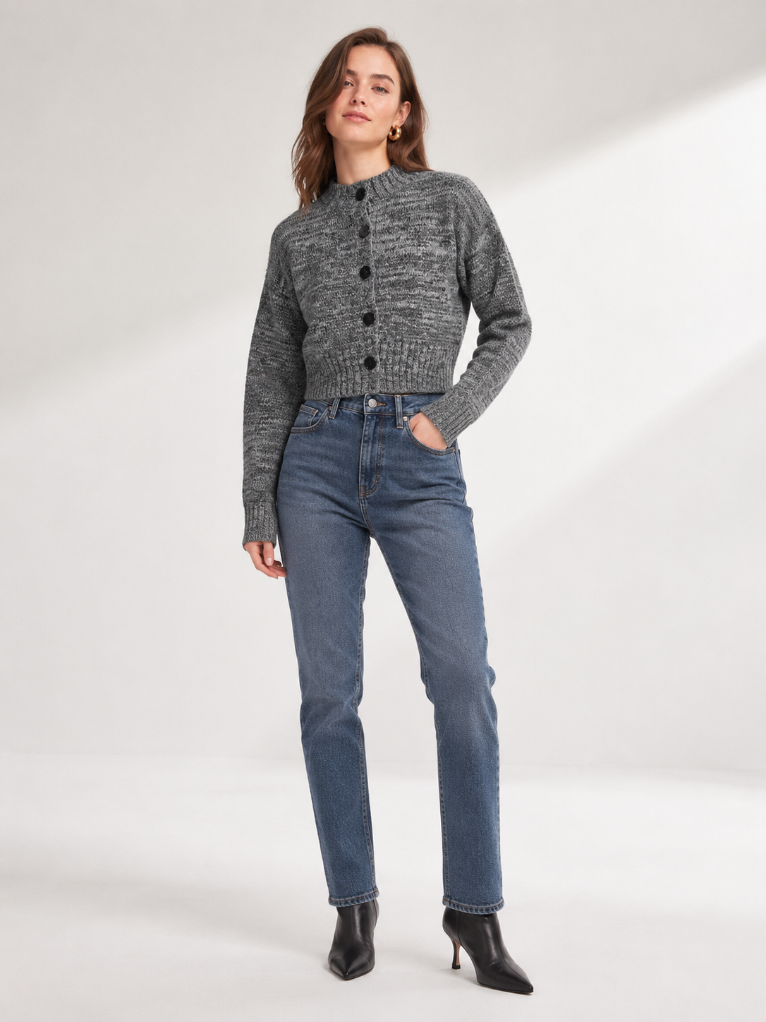 Women's Wool Blend Short Cardigan Sweater Crew Neck Button Knitwear